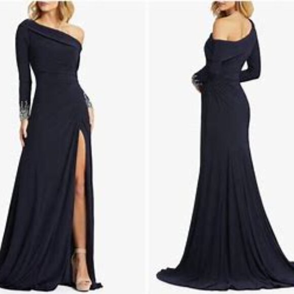Mac Duggal Dresses & Skirts - Mac Duggal Navy One Shoulder Jeweled Cuff Drape Jersey Maxi Dress Size 10 #12231